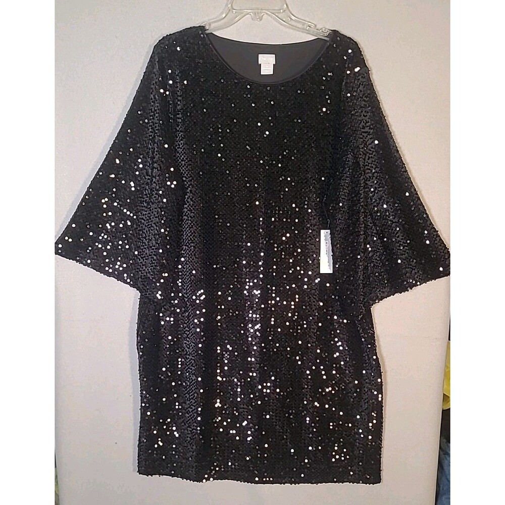 NWT Chico's Velvet Sequin Dress Womens 4 (20/22) Black Bell Sleeve Holiday